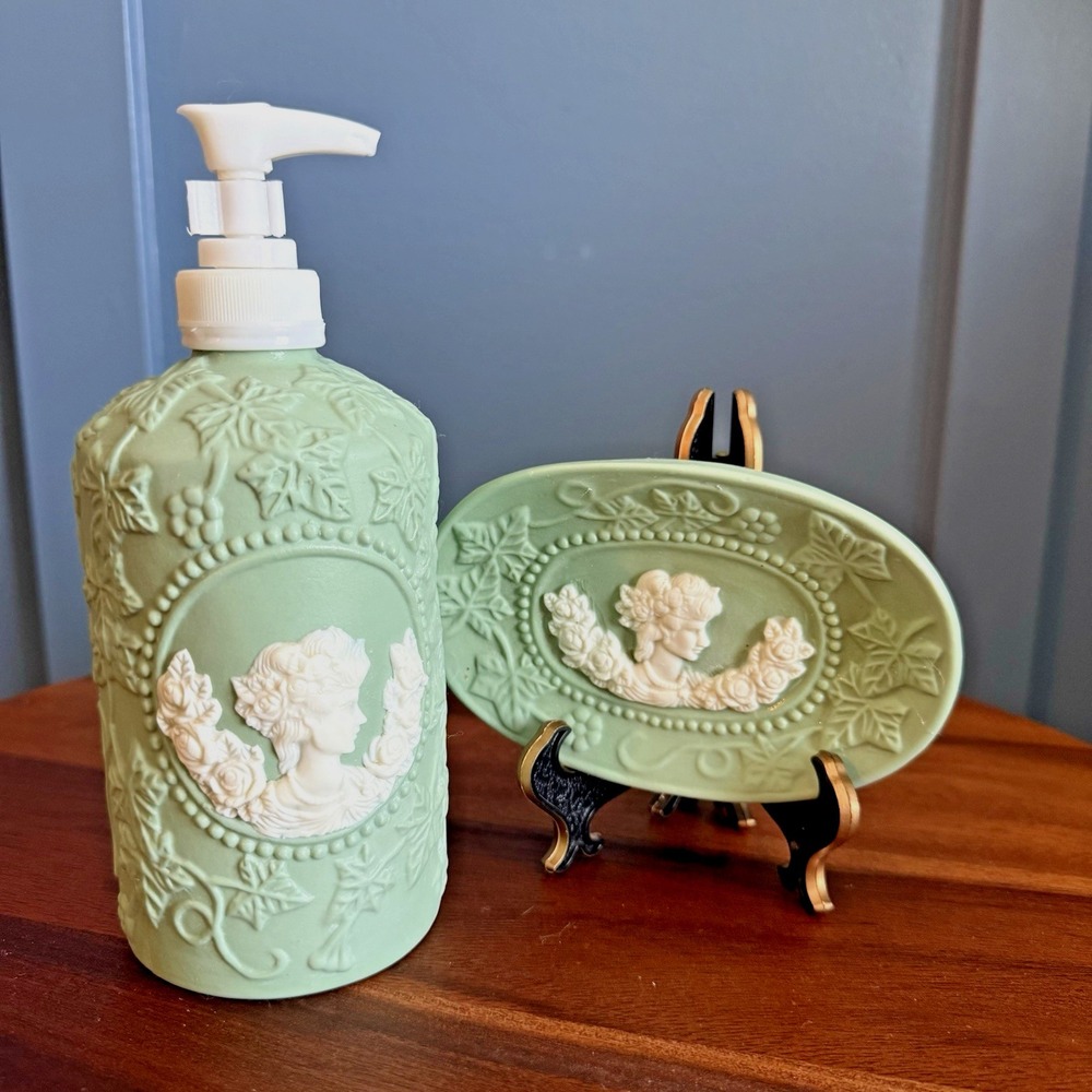 Jasperware Style Green Bathroom Set Soap Dispenser & Soap Trinket Dish Cameo